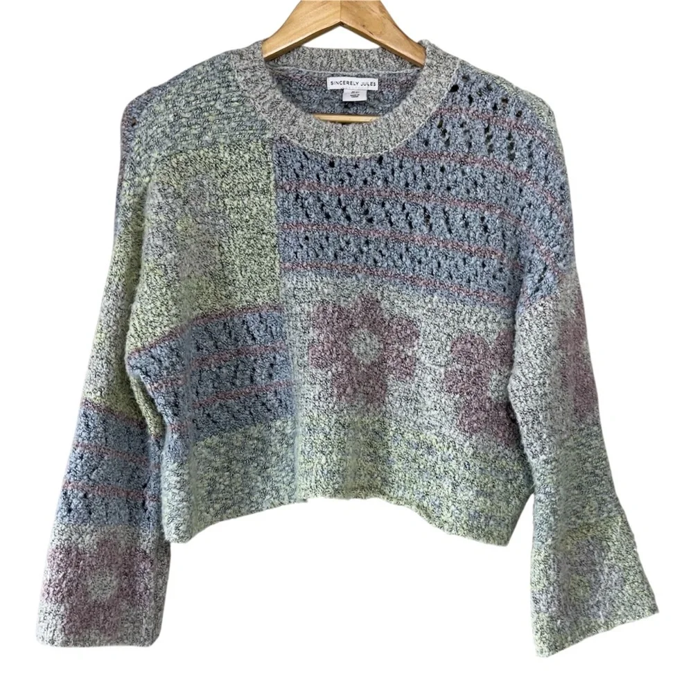 Sincerely Jules Cropped Length Wool Blend Patchwork Sweater Women's XS Pastel - Picture 1 of 7